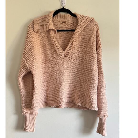 Free People Ribbed Knit Collared Sweater XS Peachy Pink Distressed Boho - Picture 1 of 7